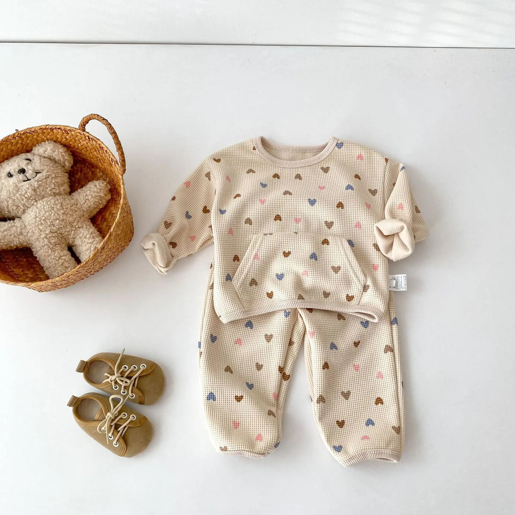 2026 Autumn New Kids Clothing Set Full Of Heart Print Boys Hoodie Suit Toddler Girls Waffle Suit