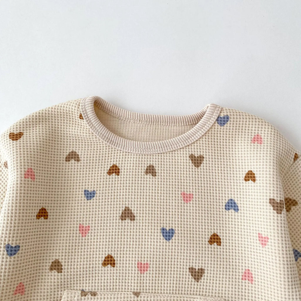 2026 Autumn New Kids Clothing Set Full Of Heart Print Boys Hoodie Suit Toddler Girls Waffle Suit