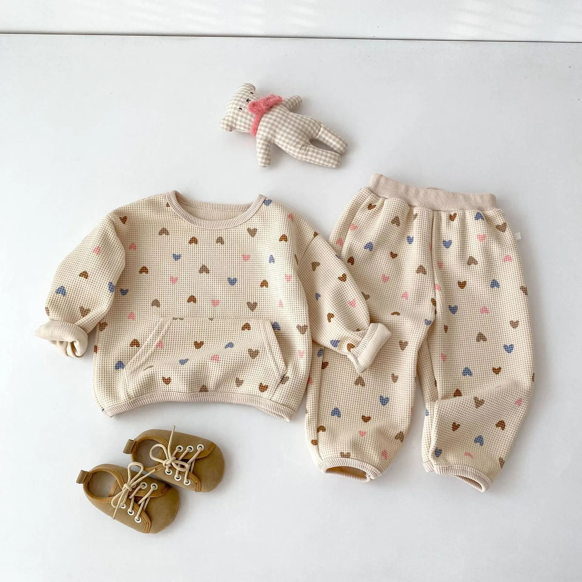 2026 Autumn New Kids Clothing Set Full Of Heart Print Boys Hoodie Suit Toddler Girls Waffle Suit
