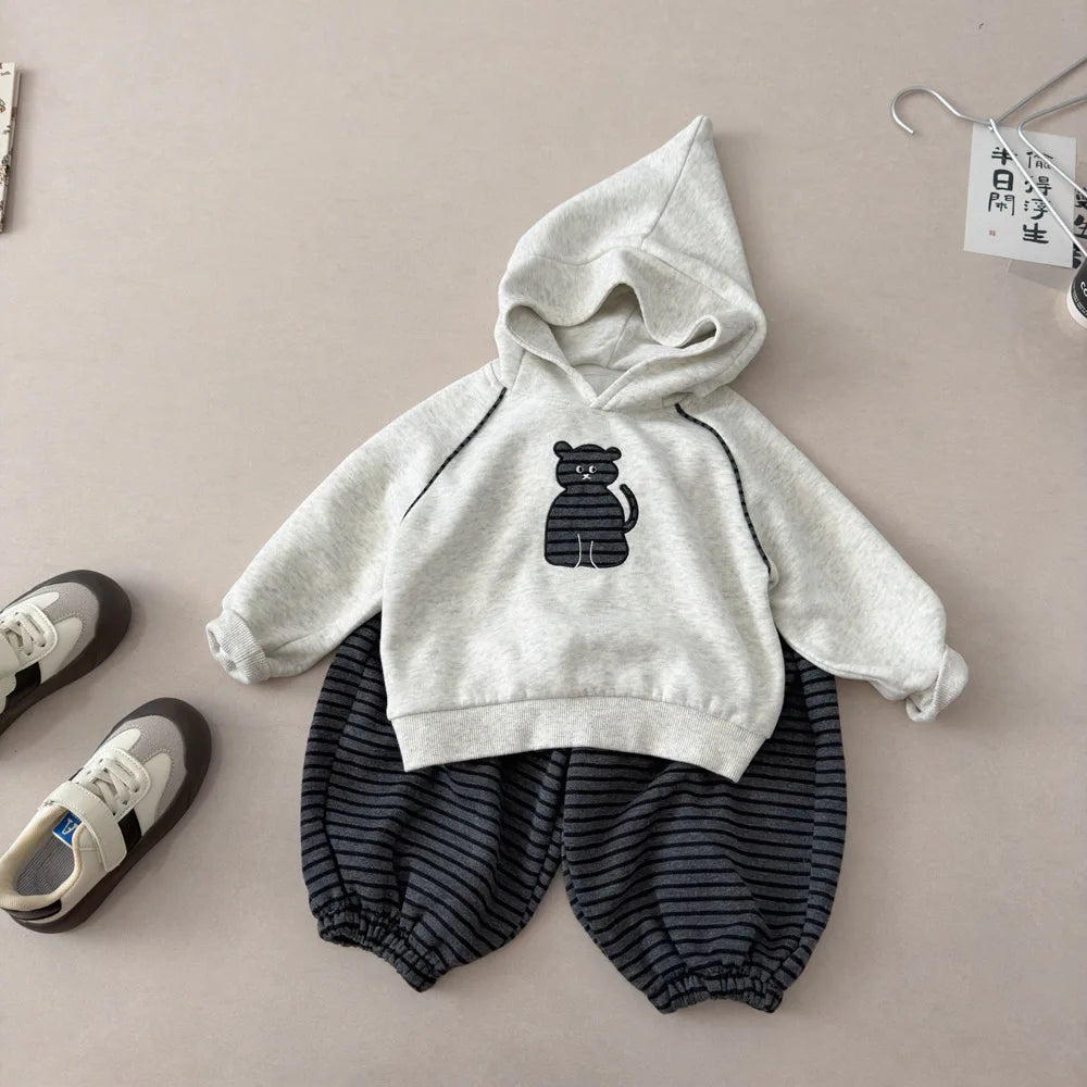 2026 Autumn Children Clothing Sets Baby Boys Girls Cartoon Embroidery Hooded Sweatshirt+Stripe Pants 2PCS Suit Kids Tracksuit