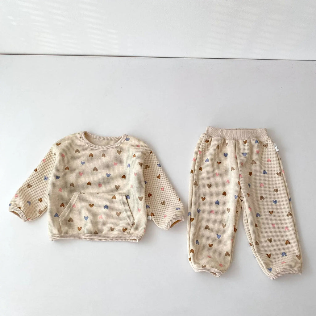 2026 Autumn New Kids Clothing Set Full Of Heart Print Boys Hoodie Suit Toddler Girls Waffle Suit