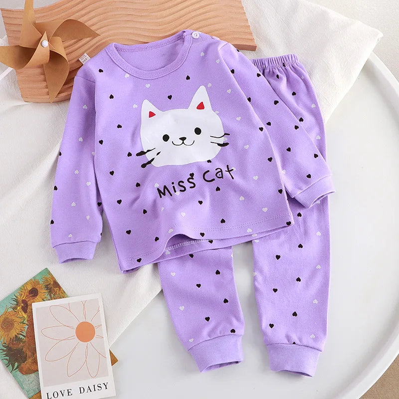 Children Clothing Pajamas Sets Autumn Baby Girls Boys Cartoon Cat Print Long Sleeve Tops+Pants 2PCS Suit Kids Cotton Sleepwear