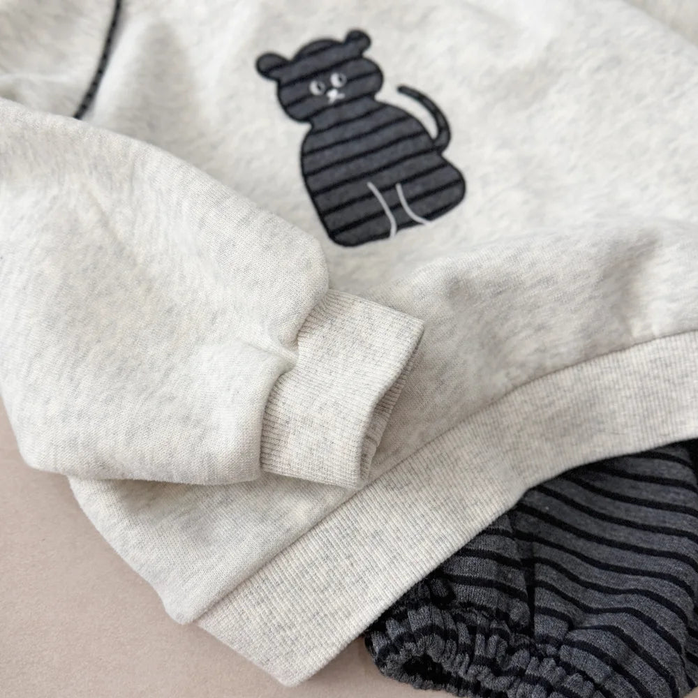 2026 Autumn Children Clothing Sets Baby Boys Girls Cartoon Embroidery Hooded Sweatshirt+Stripe Pants 2PCS Suit Kids Tracksuit