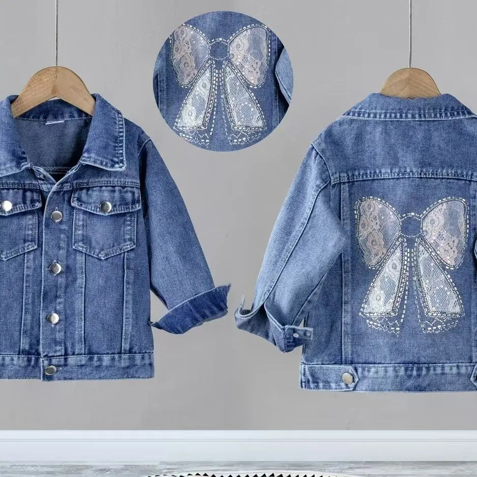 Kids Denim Jacket New Spring Autumn Girls Fashion Bow Bright Diamond Design Lapel Jean Coat Children Outerwear Clothing 2-12 Yrs