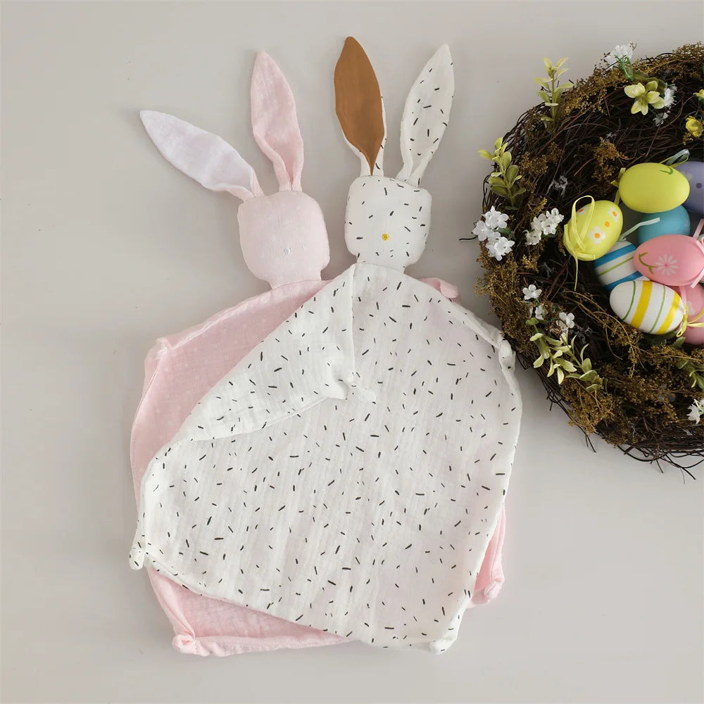 Bunny Security Blanket For Baby Boy Girl Cute Soft Breathable Muslin Cotton Polka Dot Stuffed Blanket For Newborns