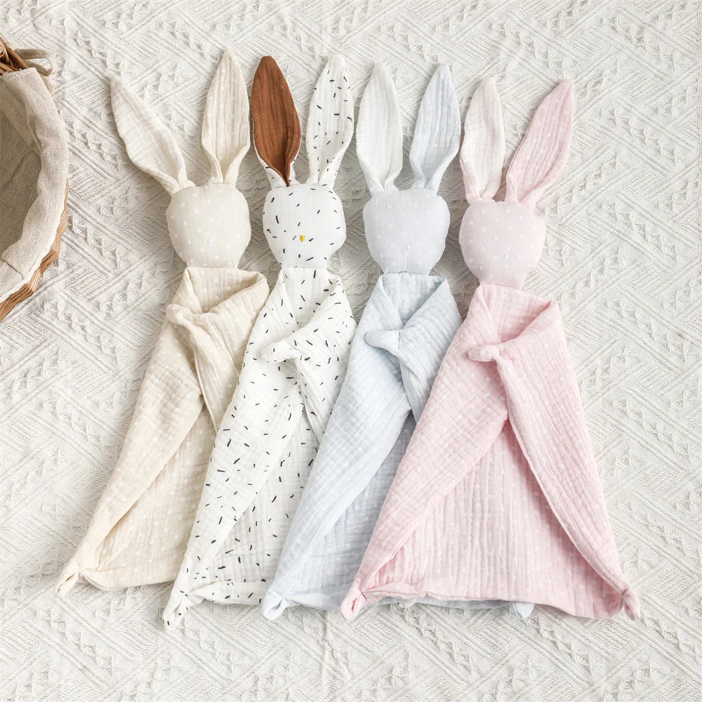 Bunny Security Blanket For Baby Boy Girl Cute Soft Breathable Muslin Cotton Polka Dot Stuffed Blanket For Newborns