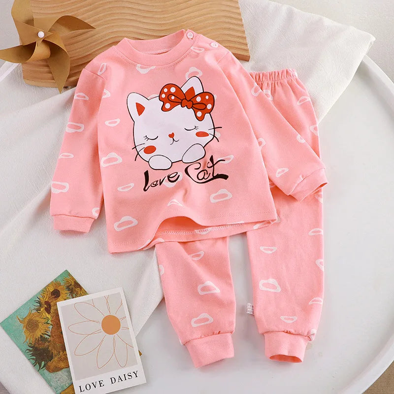 Children Clothing Pajamas Sets Autumn Baby Girls Boys Cartoon Cat Print Long Sleeve Tops+Pants 2PCS Suit Kids Cotton Sleepwear