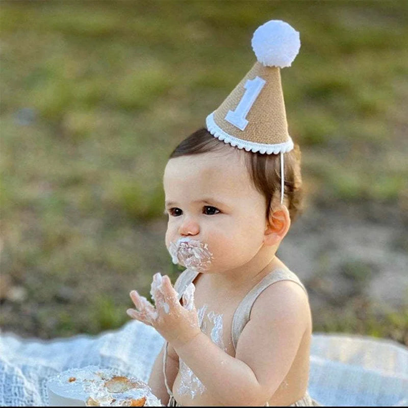 Burlap 1st Birthday Hat Baby First Birthday Party Newborn Boy Girl 1 2 3 Year old Headband Baby Shower Birthday Party Decor