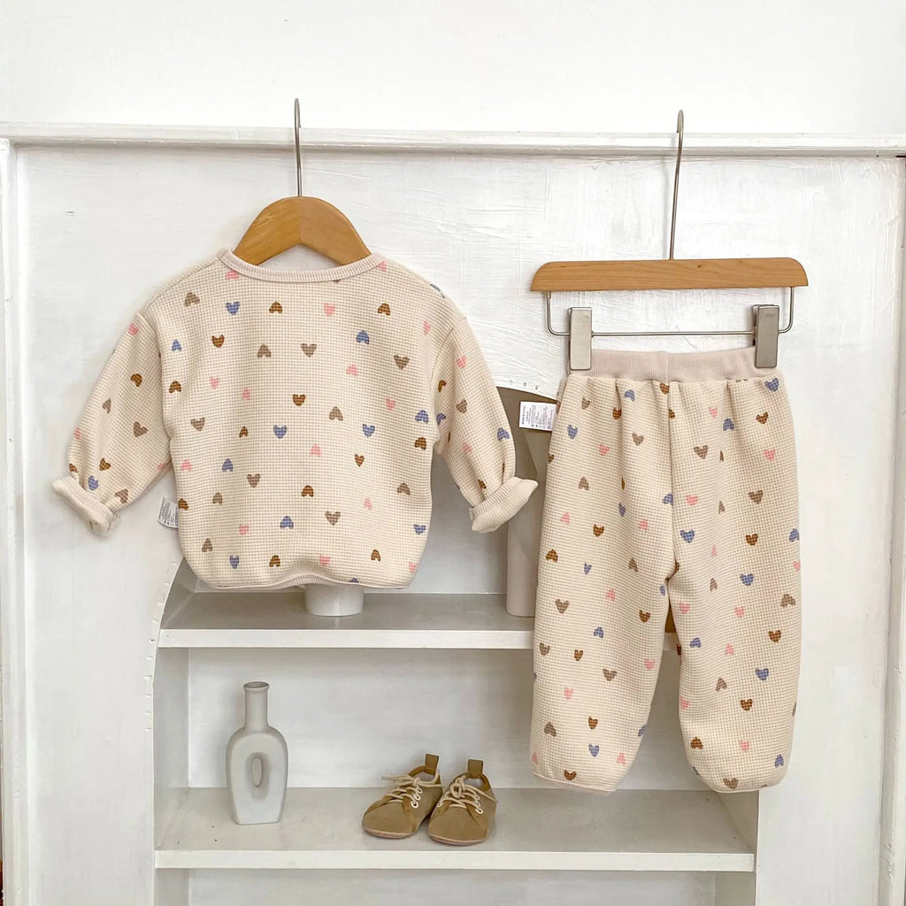 2026 Autumn New Kids Clothing Set Full Of Heart Print Boys Hoodie Suit Toddler Girls Waffle Suit