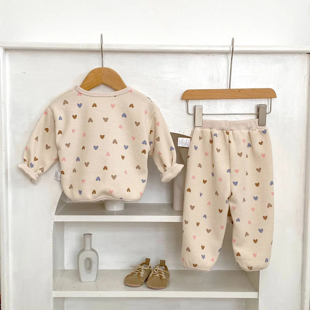 2026 Autumn New Kids Clothing Set Full Of Heart Print Boys Hoodie Suit Toddler Girls Waffle Suit