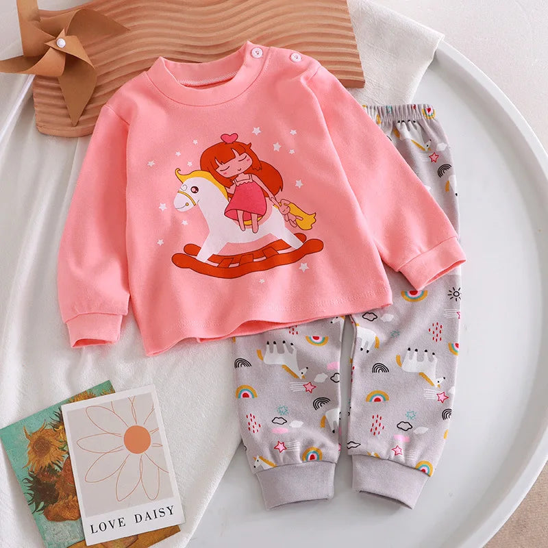 Children Clothing Pajamas Sets Autumn Baby Girls Boys Cartoon Cat Print Long Sleeve Tops+Pants 2PCS Suit Kids Cotton Sleepwear