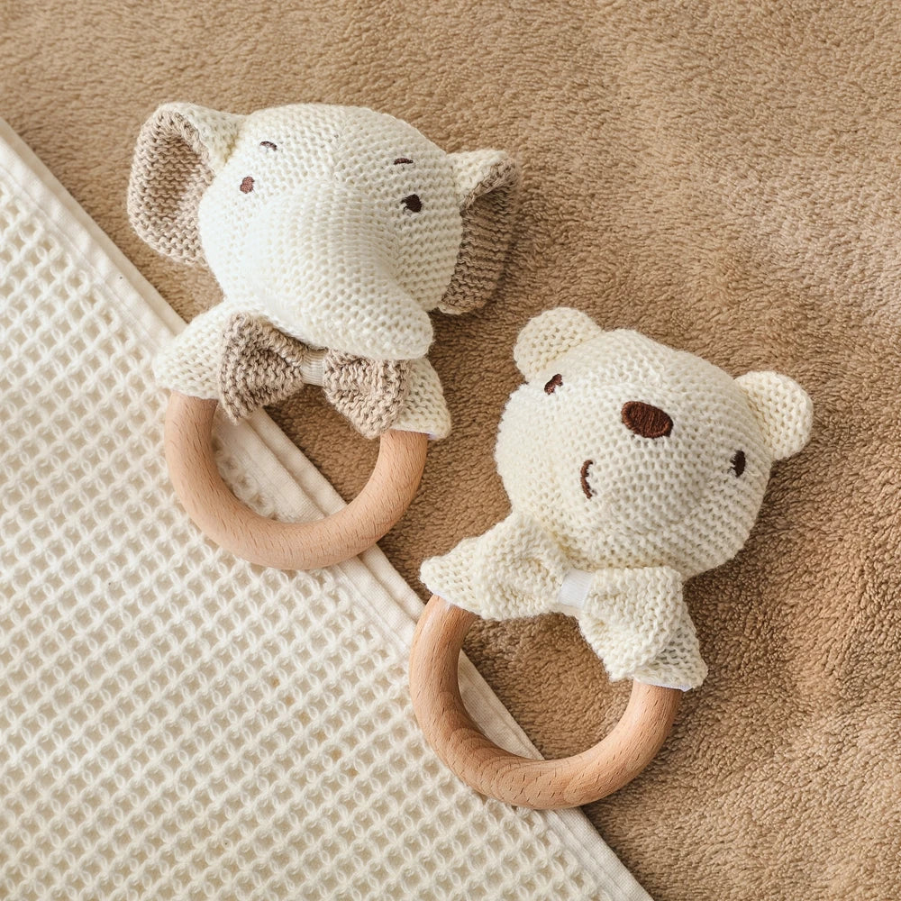 Baby Rattle Toys Cute Bear Crochet Animal Toys Cartoon Wooden Teether Baby Mobile Crib Product Wooden Newborn Rattle Toys