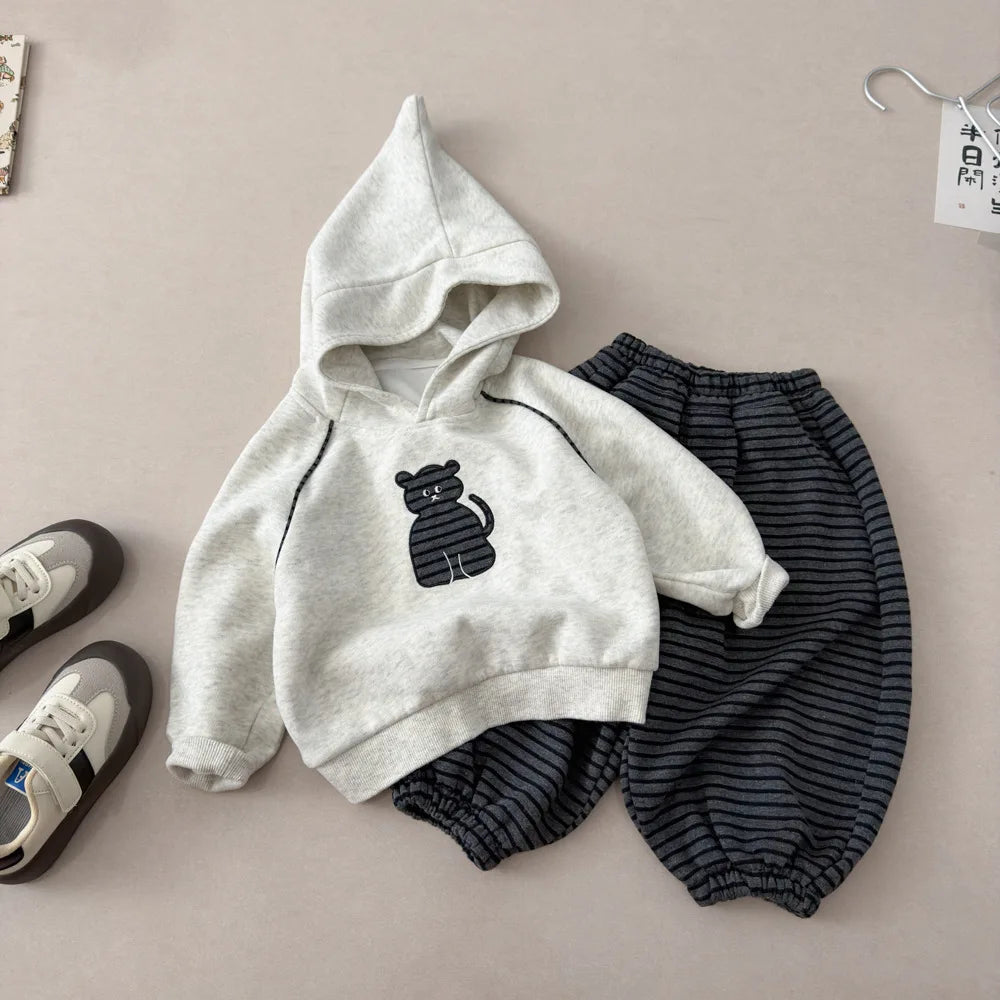 2026 Autumn Children Clothing Sets Baby Boys Girls Cartoon Embroidery Hooded Sweatshirt+Stripe Pants 2PCS Suit Kids Tracksuit