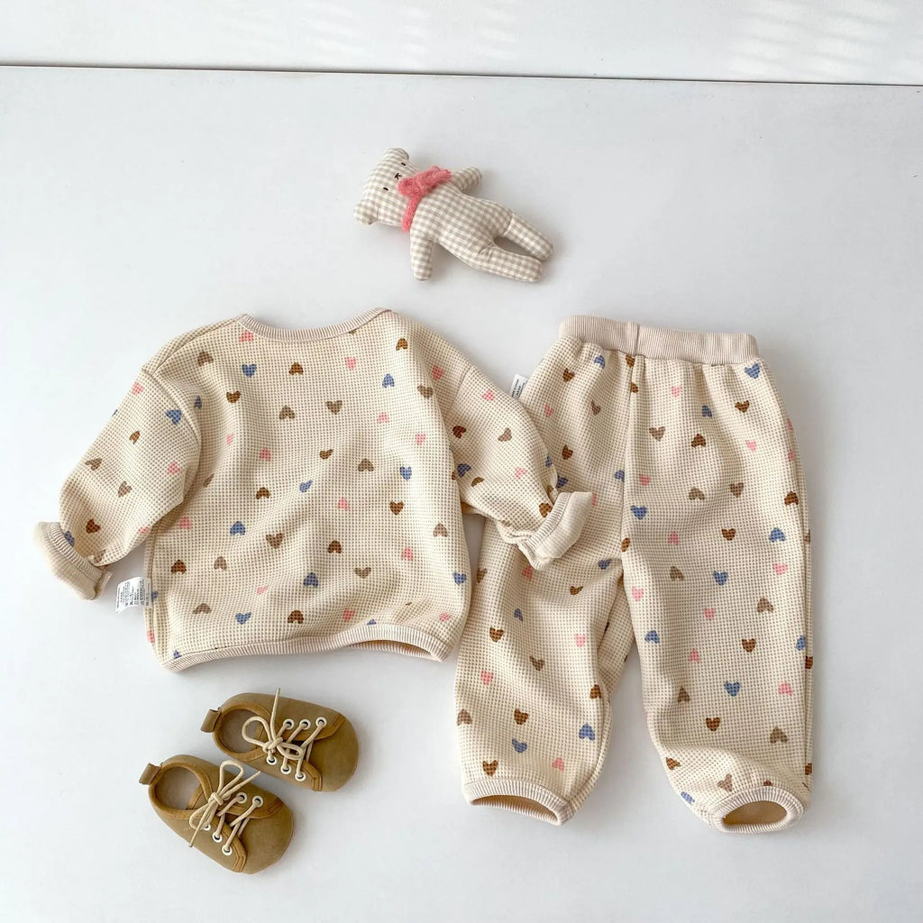 2026 Autumn New Kids Clothing Set Full Of Heart Print Boys Hoodie Suit Toddler Girls Waffle Suit