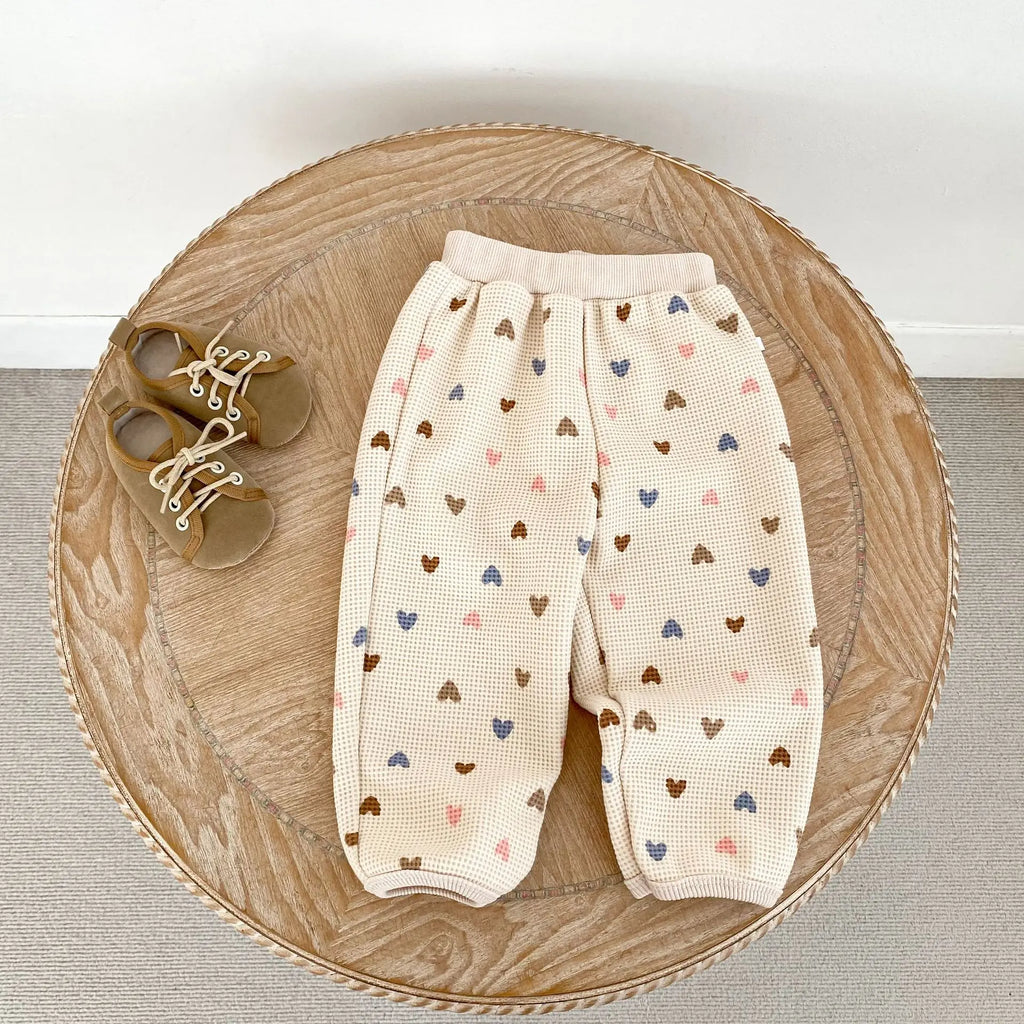 2026 Autumn New Kids Clothing Set Full Of Heart Print Boys Hoodie Suit Toddler Girls Waffle Suit