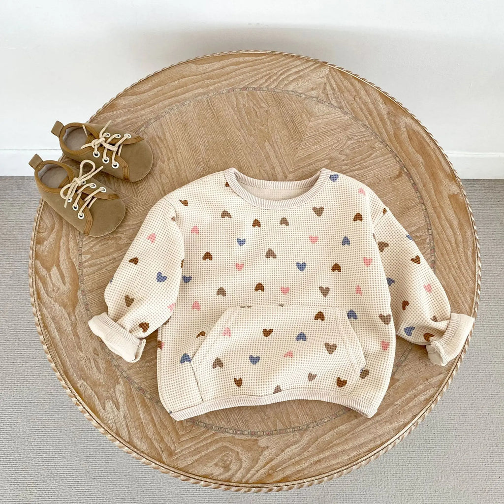 2026 Autumn New Kids Clothing Set Full Of Heart Print Boys Hoodie Suit Toddler Girls Waffle Suit